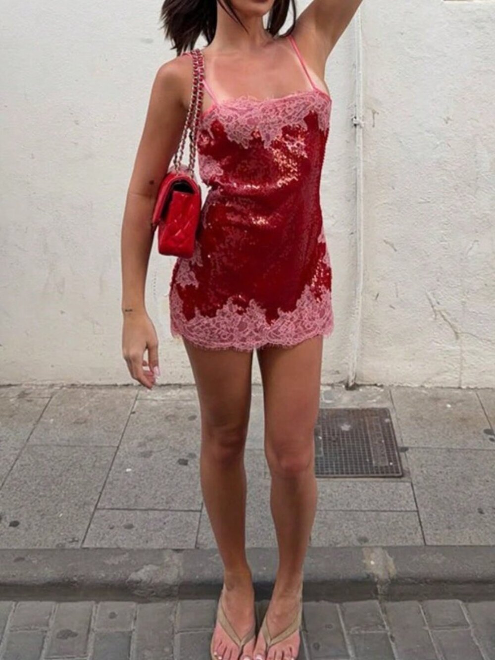 Red Cute Boho Sequin Rhinestone Lace Fitted Bodycon Cami Mini Dress